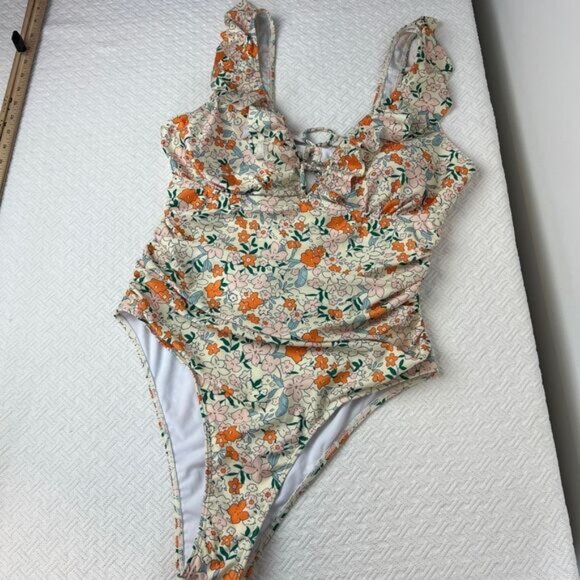 Women's 2XL XXL Orange White Floral Open Back One Piece Swimsuit Swimwear Frill - Picture 11 of 13
